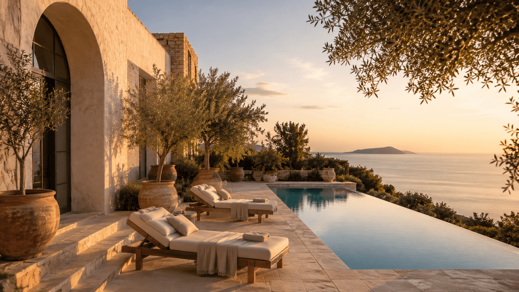 Casa Sol pool overlooking a calm Mediterranean bay