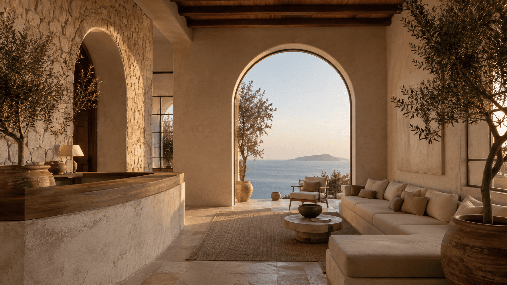 The softly lit arched lounge at Casa Sol
